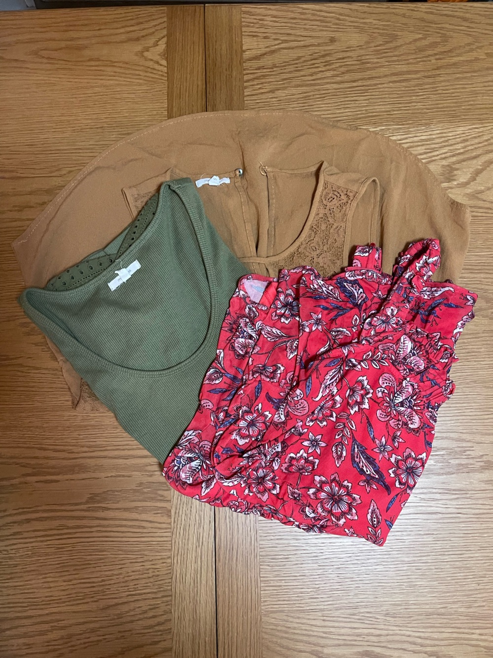 3 Tops from Maurice’s: Red Floral Size Small, Tan Dress Top Size Small, Olive M
